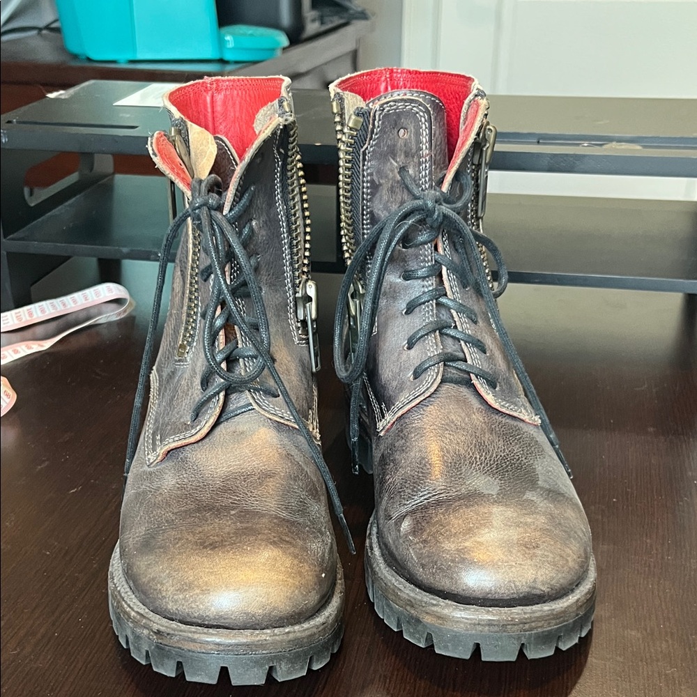 bed stu women’s Lace-Up Leather Combat Boots - Black with Red Lining